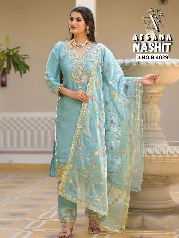 AFSANA NASHIT WHOLESALE JIMI CHOO WITH NECK WORK EMBROIDERED READYMADE STYLIST SUITS