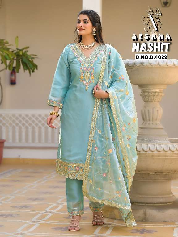 AFSANA NASHIT WHOLESALE JIMI CHOO WITH NECK WORK EMBROIDERED READYMADE STYLIST SUITS