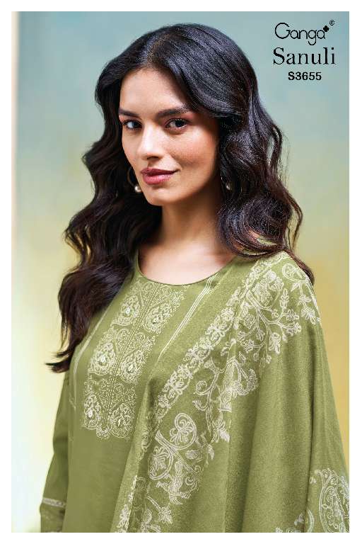 GANGA SANULI S3655 WHOLESALE PREMIUM COTTON PRINTED WITH EMBROIDERY WORK DESIGNER SLAWAR SUITS