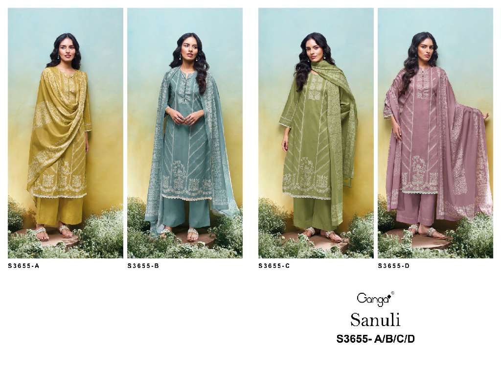 GANGA SANULI S3655 WHOLESALE PREMIUM COTTON PRINTED WITH EMBROIDERY WORK DESIGNER SLAWAR SUITS