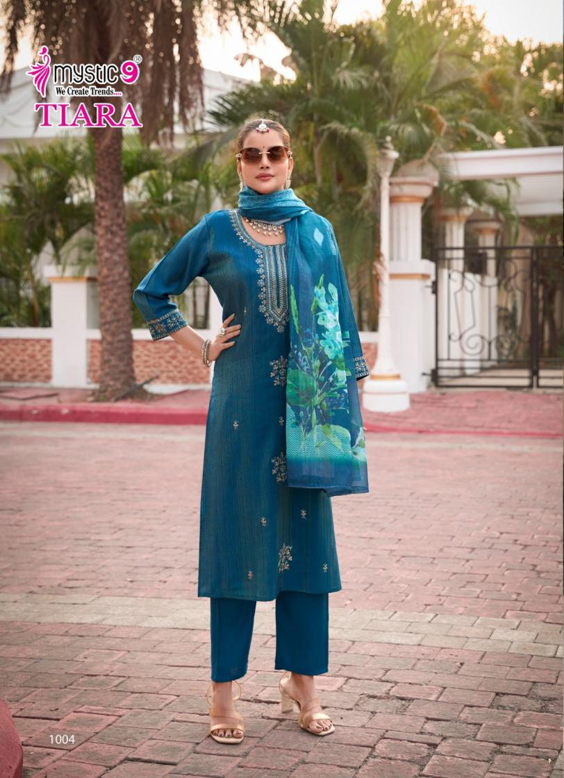 TIARA VOL 1 BY MYSTIC 9 PREMIUM QUALITY VERTICAN SHIMMER STRAIGHT CUT KURTI BOTTOM DUPATTA