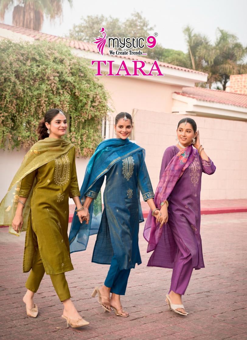 TIARA VOL 1 BY MYSTIC 9 PREMIUM QUALITY VERTICAN SHIMMER STRAIGHT CUT KURTI BOTTOM DUPATTA