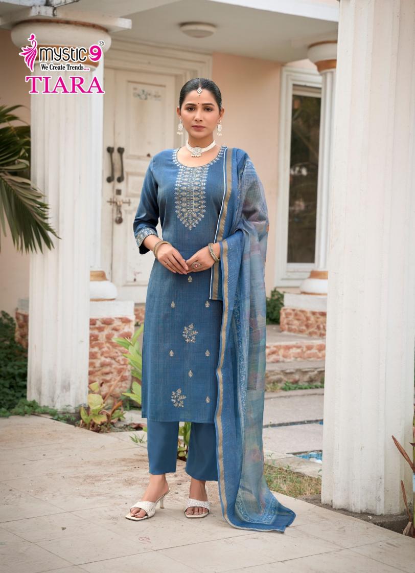 TIARA VOL 1 BY MYSTIC 9 PREMIUM QUALITY VERTICAN SHIMMER STRAIGHT CUT KURTI BOTTOM DUPATTA
