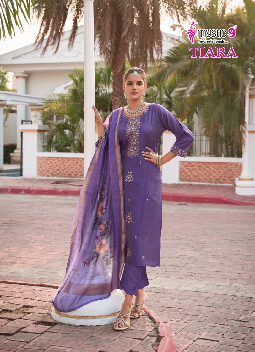 TIARA VOL 1 BY MYSTIC 9 PREMIUM QUALITY VERTICAN SHIMMER STRAIGHT CUT KURTI BOTTOM DUPATTA