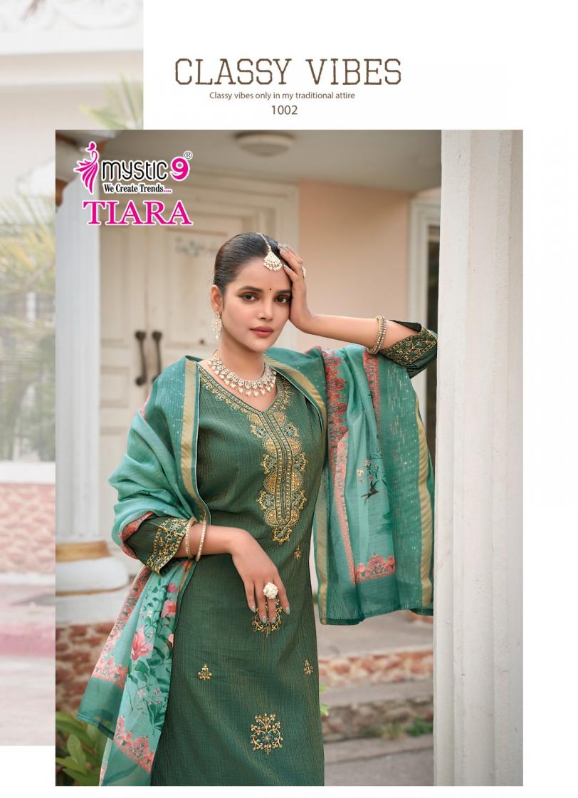 TIARA VOL 1 BY MYSTIC 9 PREMIUM QUALITY VERTICAN SHIMMER STRAIGHT CUT KURTI BOTTOM DUPATTA