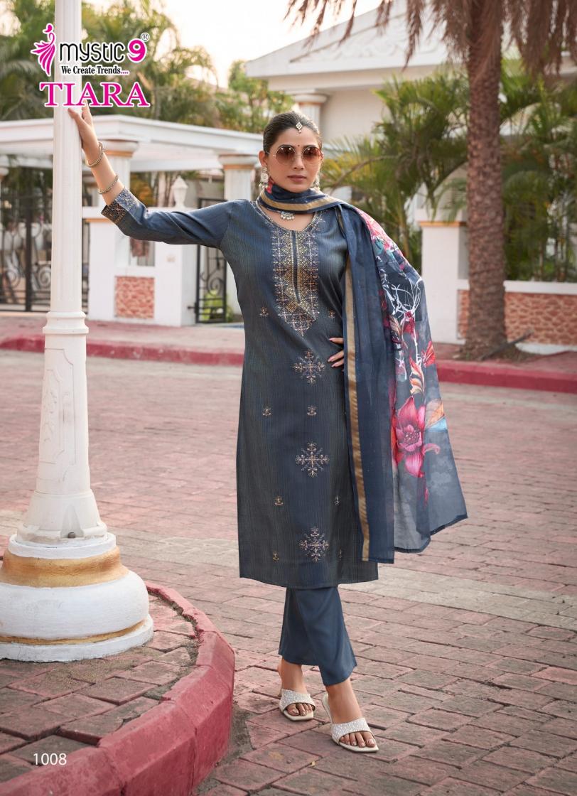 TIARA VOL 1 BY MYSTIC 9 PREMIUM QUALITY VERTICAN SHIMMER STRAIGHT CUT KURTI BOTTOM DUPATTA