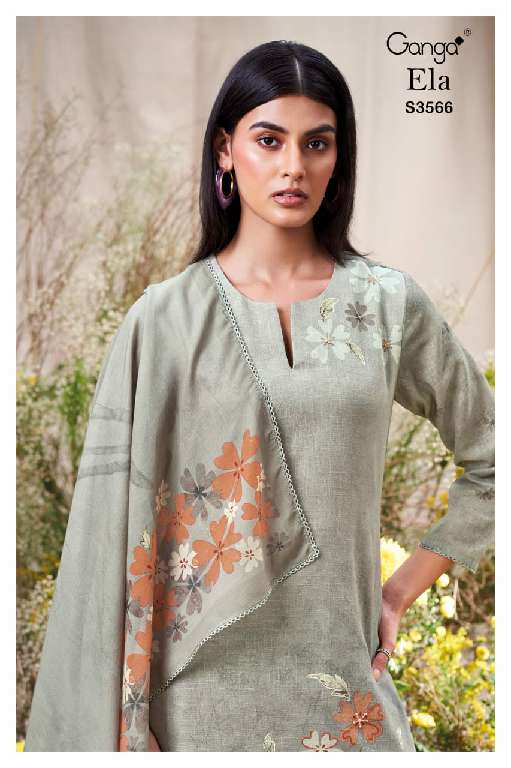 GANGA ELA S3566 WHOLESALE PREMIUM COTTON LINEN PRINTED WITH HAND WORK CLASSY SUITS