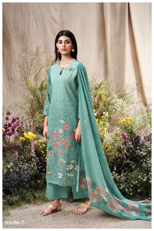 GANGA ELA S3566 WHOLESALE PREMIUM COTTON LINEN PRINTED WITH HAND WORK CLASSY SUITS