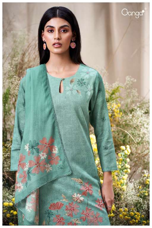 GANGA ELA S3566 WHOLESALE PREMIUM COTTON LINEN PRINTED WITH HAND WORK CLASSY SUITS