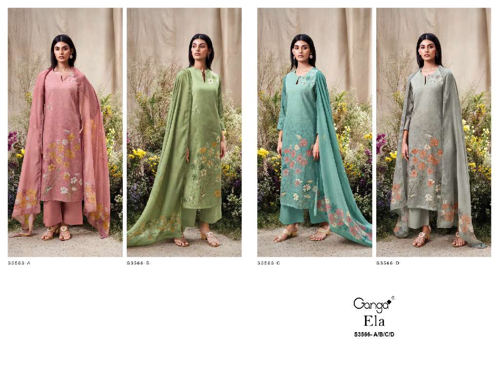 GANGA ELA S3566 WHOLESALE PREMIUM COTTON LINEN PRINTED WITH HAND WORK CLASSY SUITS