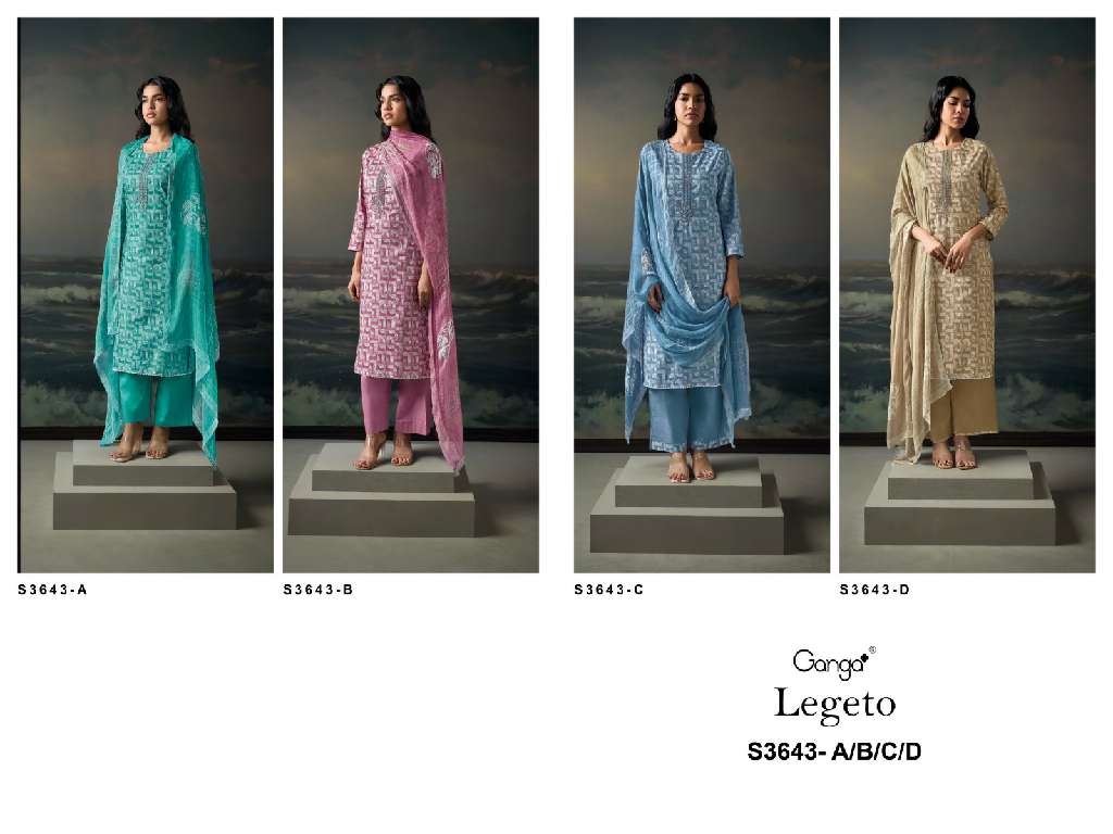 GANGA LEGETO S3643 WHOLESALE PREMIUM COTTON PRINTED WITH EMBROIDERY PARTY WEAR SUITS