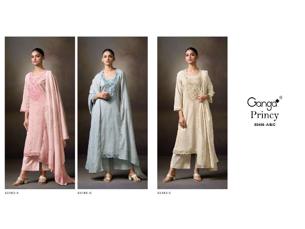 GANGA PRINCY S3480 WHOLESALE PREMIUM PURE MAL PRINTED WITH HAND WORK BEAUTIFUL 3PCS SALWAR SUITS