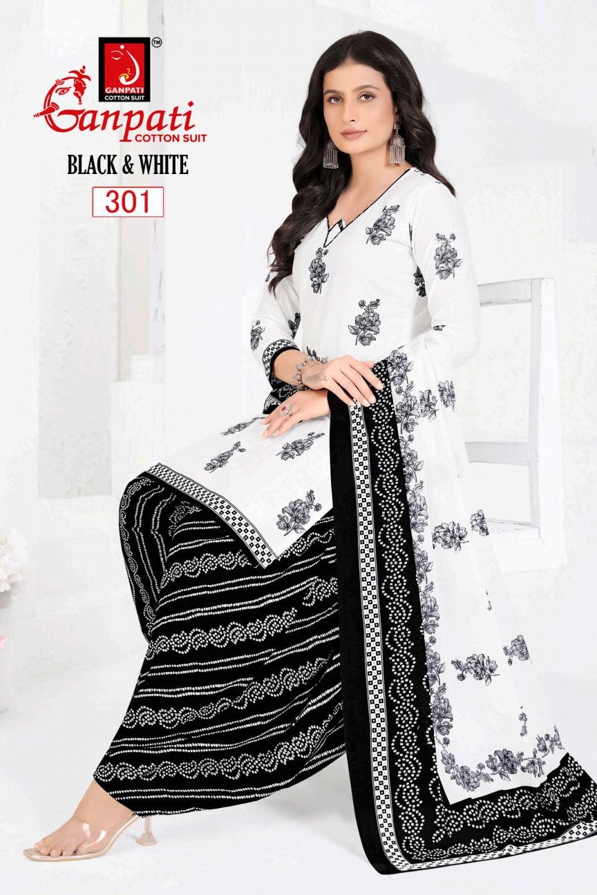 GANPATI BLACK AND WHITE VOL-3 WHOLESALE COTTON PRINTED FANCY PATIYALA DRESS MATERIAL
