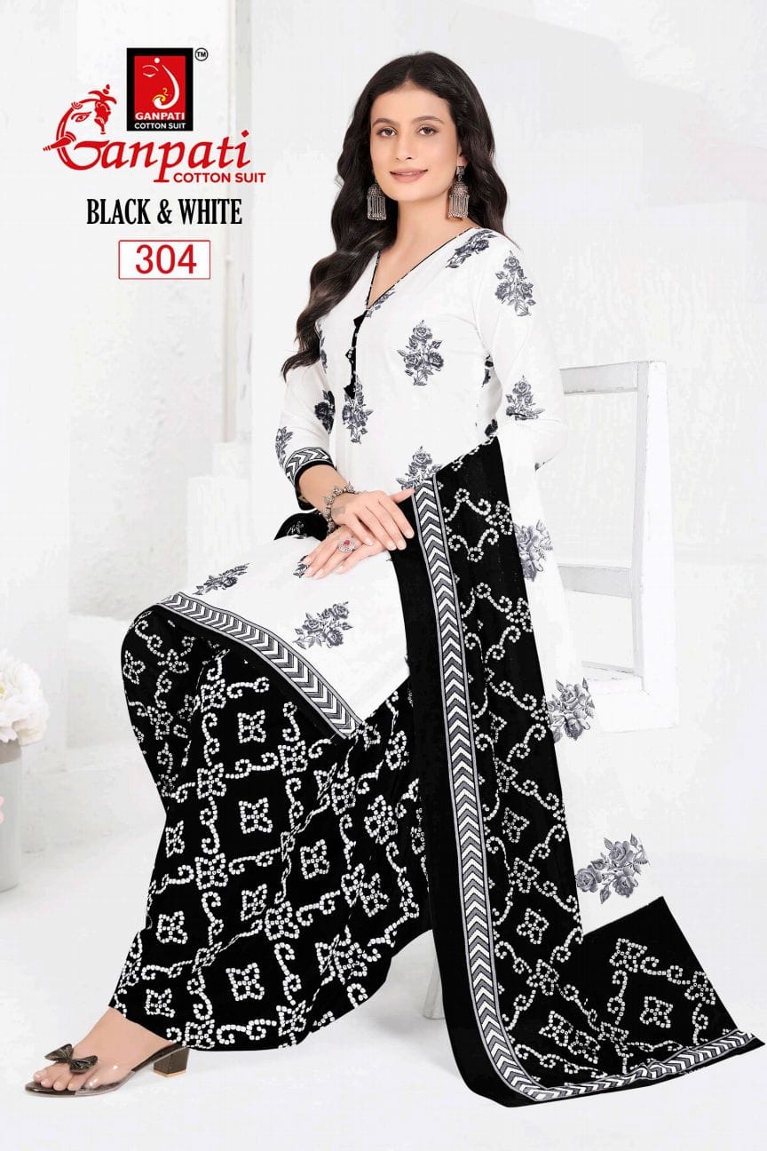 GANPATI BLACK AND WHITE VOL-3 WHOLESALE COTTON PRINTED FANCY PATIYALA DRESS MATERIAL