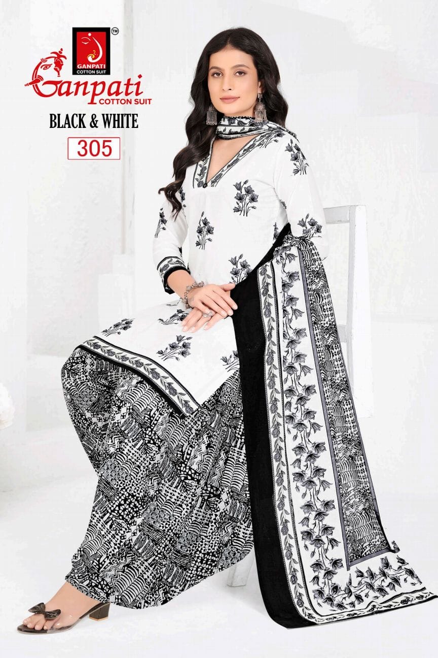 GANPATI BLACK AND WHITE VOL-3 WHOLESALE COTTON PRINTED FANCY PATIYALA DRESS MATERIAL