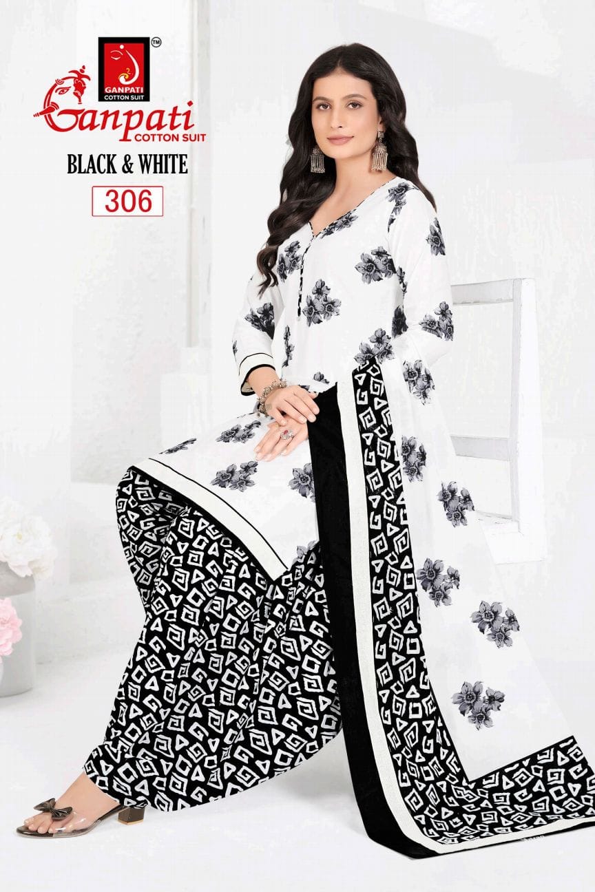 GANPATI BLACK AND WHITE VOL-3 WHOLESALE COTTON PRINTED FANCY PATIYALA DRESS MATERIAL