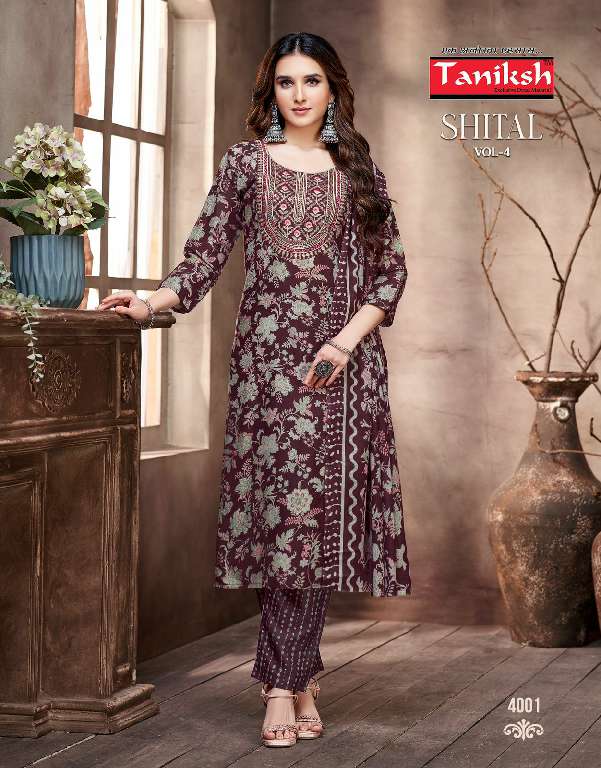 Taniksh Shital Vol-4 Wholesale Cotton Embroidery And Sikvans Work Readymade Suits