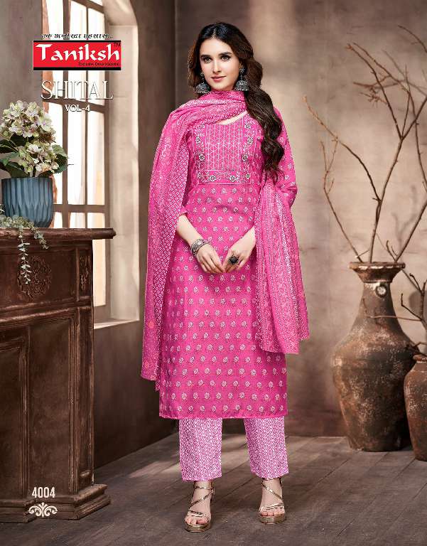 Taniksh Shital Vol-4 Wholesale Cotton Embroidery And Sikvans Work Readymade Suits