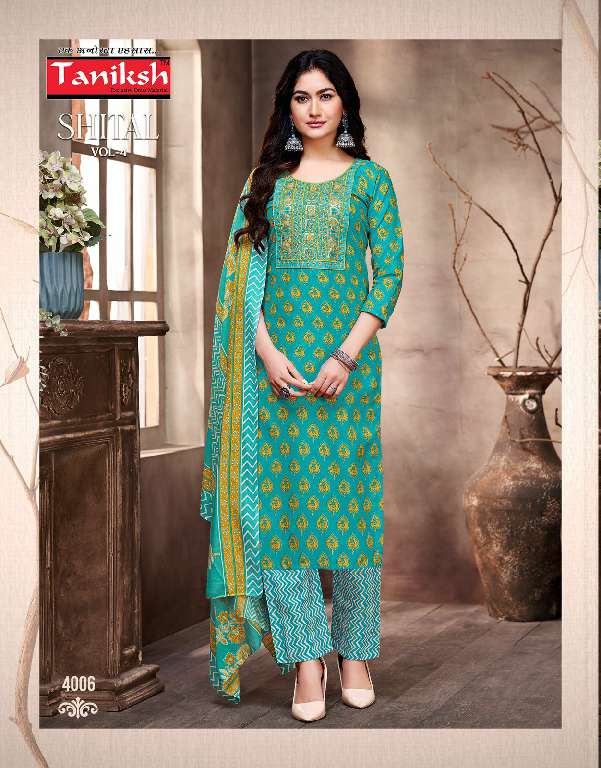 Taniksh Shital Vol-4 Wholesale Cotton Embroidery And Sikvans Work Readymade Suits
