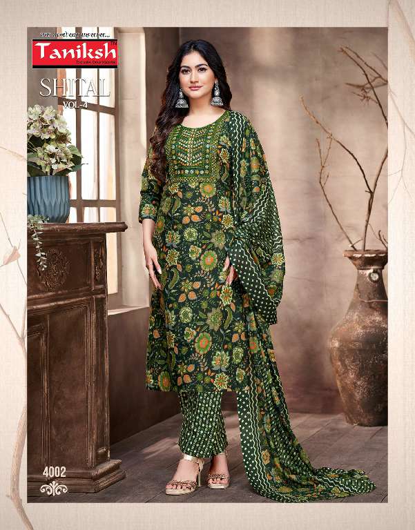 Taniksh Shital Vol-4 Wholesale Cotton Embroidery And Sikvans Work Readymade Suits