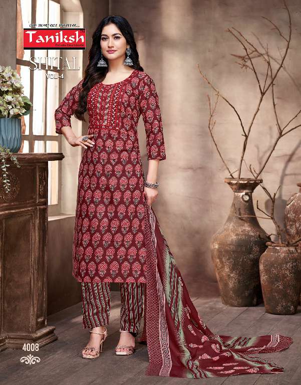 Taniksh Shital Vol-4 Wholesale Cotton Embroidery And Sikvans Work Readymade Suits