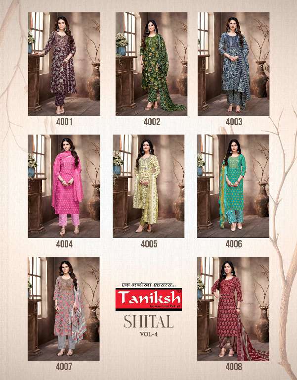 Taniksh Shital Vol-4 Wholesale Cotton Embroidery And Sikvans Work Readymade Suits