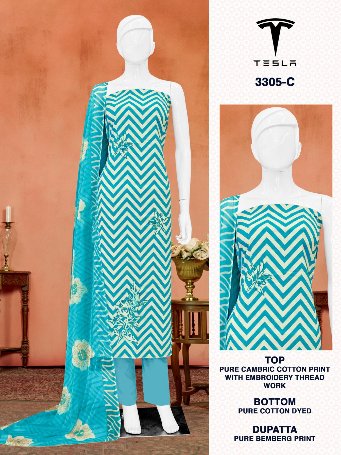 TESLA 3305 BY BIPSON PRINT UNSTITCHED 3PCS CASUAL DRESS SET