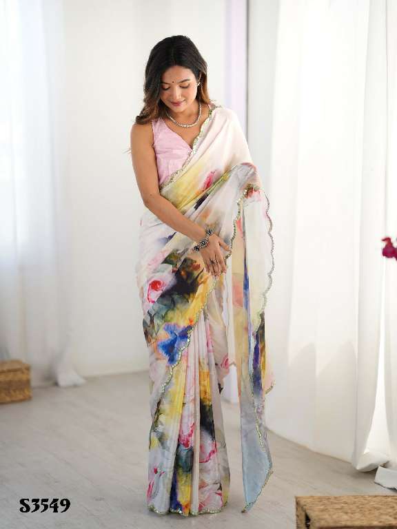 MAHOTSAV ELAYANA WHOLESALE CHINON DESIGNER DIGITAL PRINTED WITH MIRROR CUT WORK FANCY SAREES