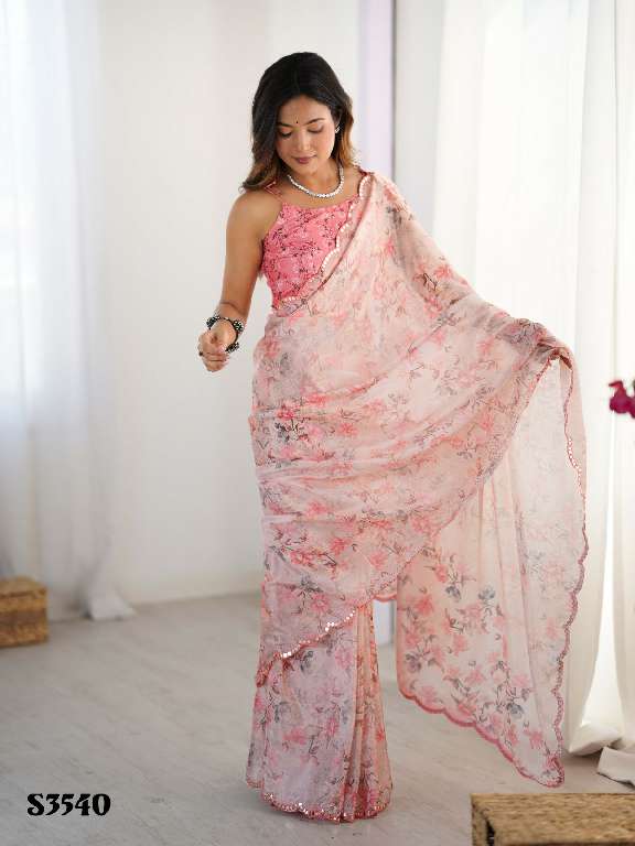 MAHOTSAV ELAYANA WHOLESALE CHINON DESIGNER DIGITAL PRINTED WITH MIRROR CUT WORK FANCY SAREES