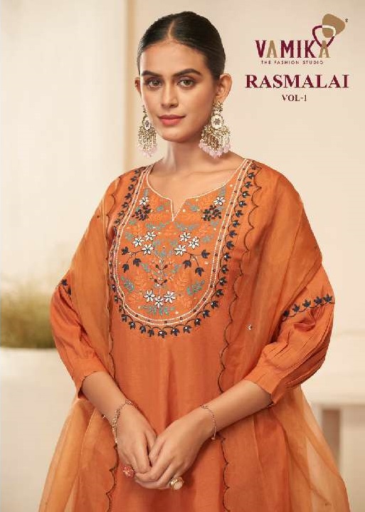 VAMIKA RASMALAI VOL-1 WHOLESALE HEAVY CAMBRIC COTTON WITH HEAVY HAND WORK READYMADE ANARKALI STYLIST SUITS