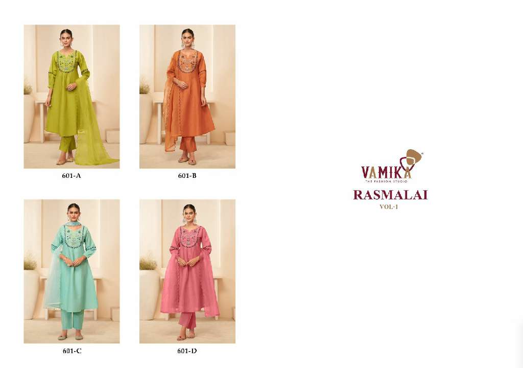 VAMIKA RASMALAI VOL-1 WHOLESALE HEAVY CAMBRIC COTTON WITH HEAVY HAND WORK READYMADE ANARKALI STYLIST SUITS