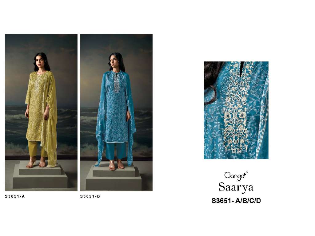 GANGA SAARYA S3651 WHOLESALE PREMIUM COTTON PRINTED WITH EMBROIDERY WORK FASHIONABLE SALWAR SUITS