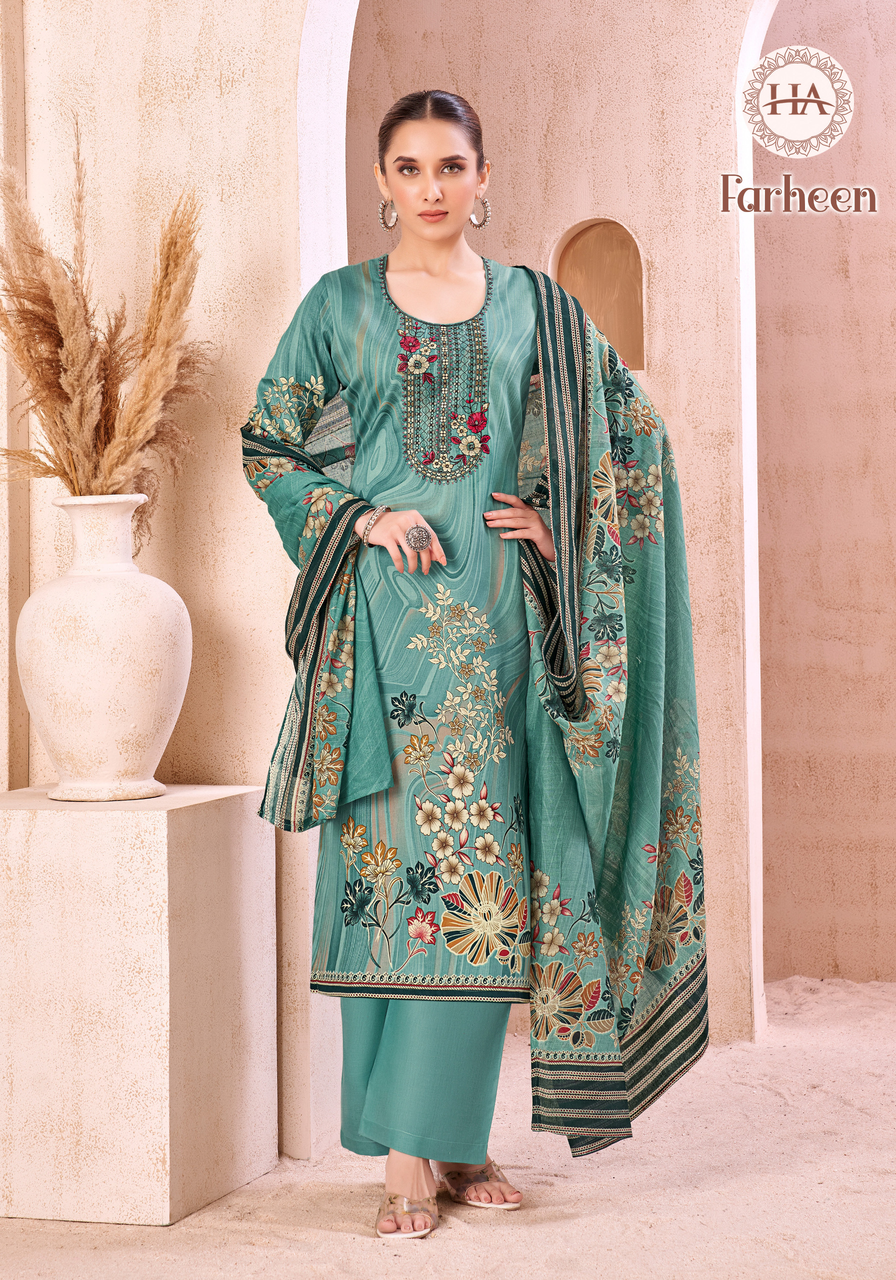 HARSHIT FASHION FARHEEN WHOLESALE PURE JAM COTTON PRINT WITH FANCY EMBROIDERY CLASSIC DRESS MATERIAL