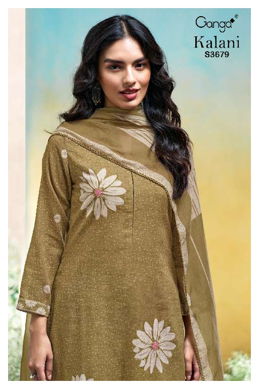 GANGA KALANI S3679 WHOLESALE PREMIUM COTTON LINEN PRINTED WITH HAND WORK FANCY DRESS
