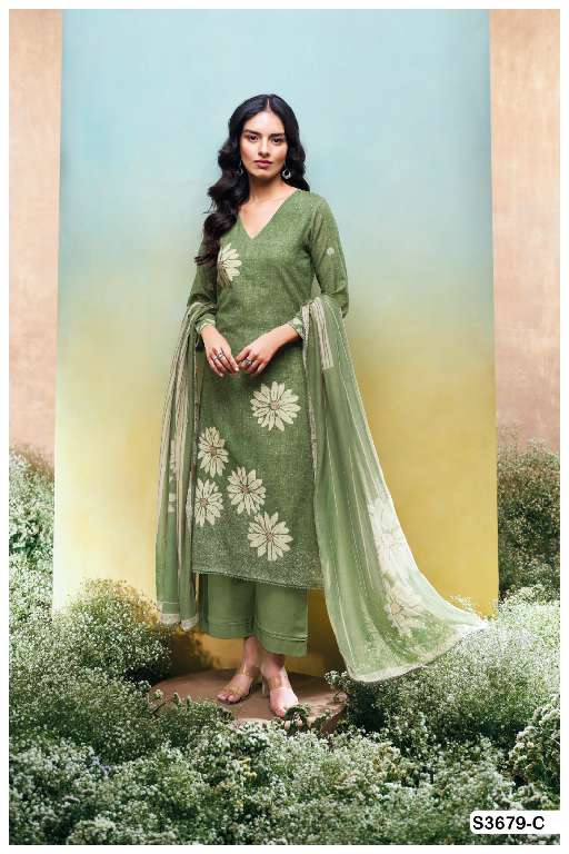 GANGA KALANI S3679 WHOLESALE PREMIUM COTTON LINEN PRINTED WITH HAND WORK FANCY DRESS