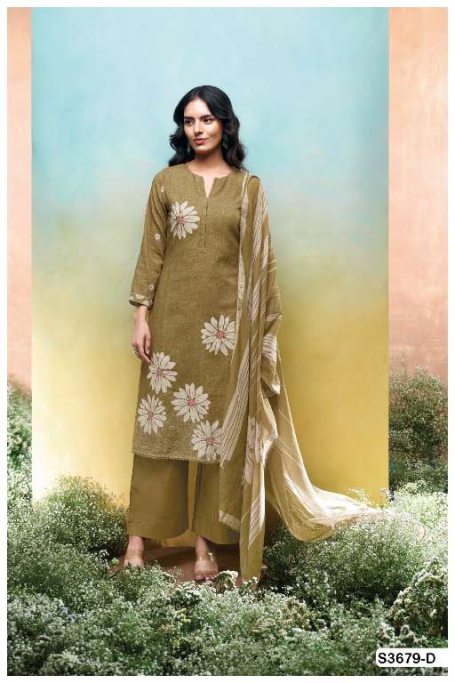 GANGA KALANI S3679 WHOLESALE PREMIUM COTTON LINEN PRINTED WITH HAND WORK FANCY DRESS