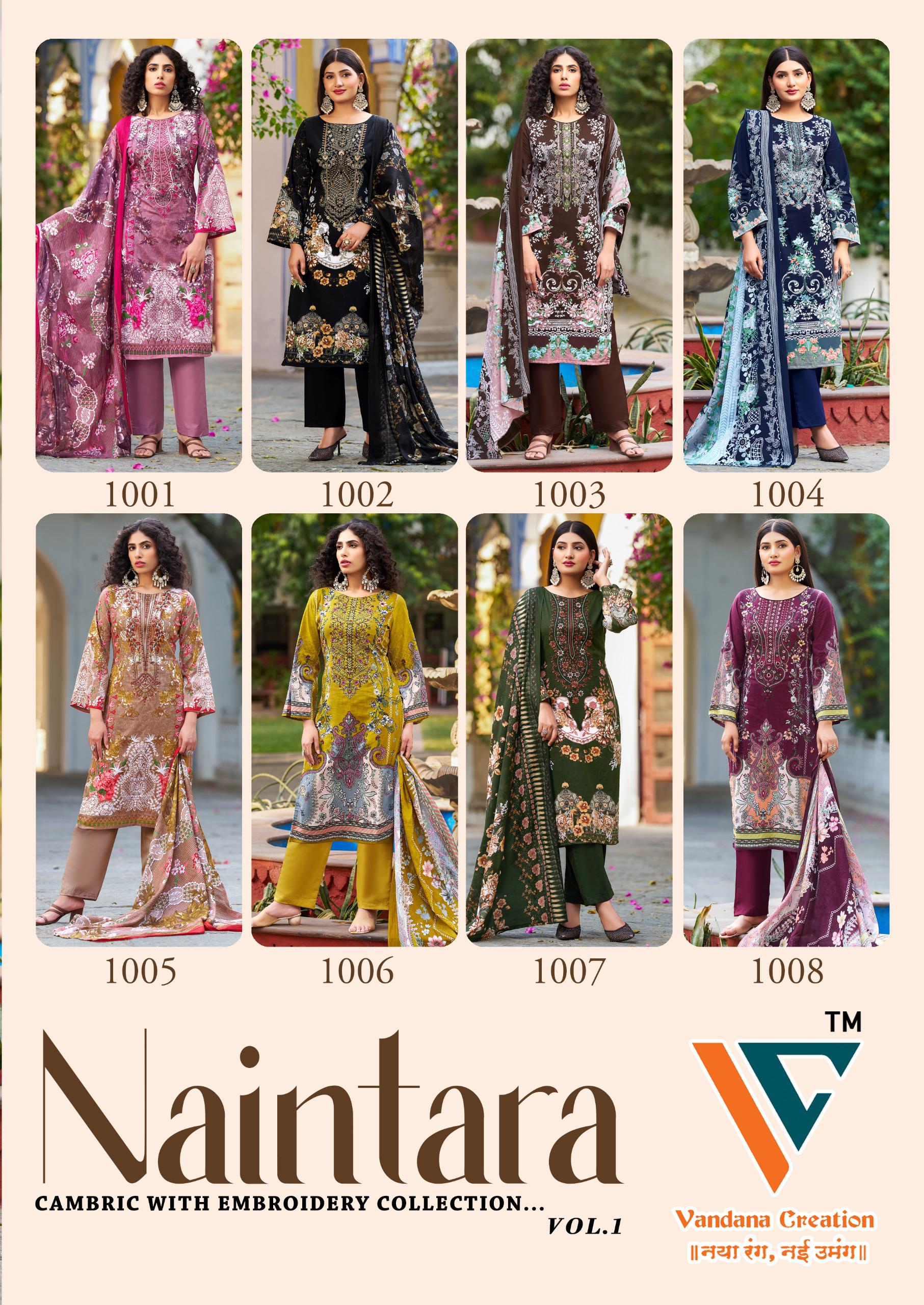 VANDANA CREATION NAINTARA WHOLESALE PURE CAMBRIC COTTON PRINT WITH WORK PAKISTANI STYLE SUITS