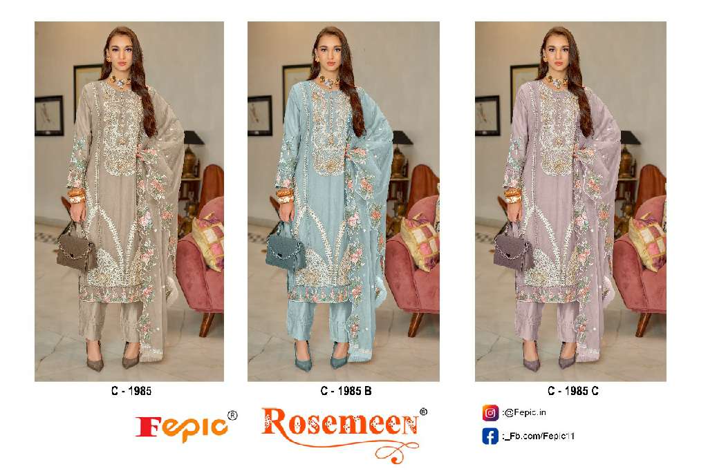 FEPIC ROSEMEEN C-1985 WHOLESALE ORGANZA EMBROIDERED WITH HAND WORK TRENDY PAKISTANI SUITS