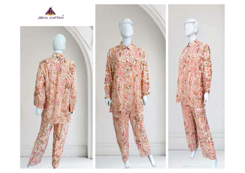 JISHA KAFTAN PRESENT SILK CO ORD SETS WHOLSALE GOLDEN FOIL PRINTED POLU SILK STYLIST CORD SET