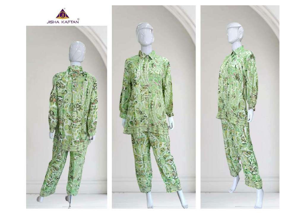 JISHA KAFTAN PRESENT SILK CO ORD SETS WHOLSALE GOLDEN FOIL PRINTED POLU SILK STYLIST CORD SET