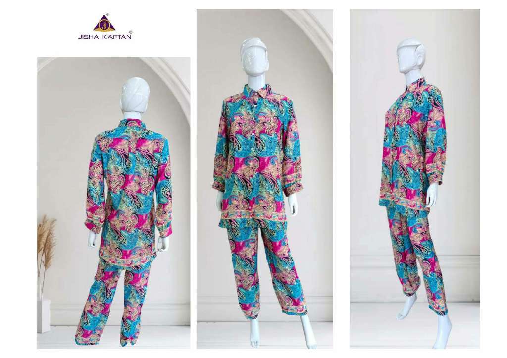 JISHA KAFTAN PRESENT SILK CO ORD SETS WHOLSALE GOLDEN FOIL PRINTED POLU SILK STYLIST CORD SET