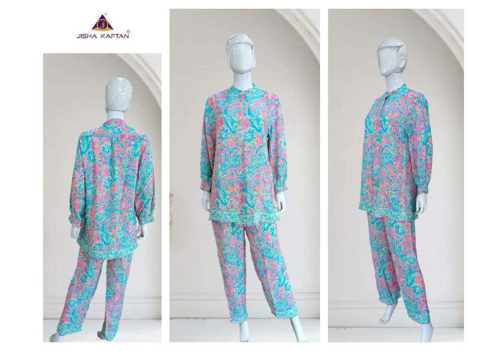 JISHA KAFTAN PRESENT SILK CO ORD SETS WHOLSALE GOLDEN FOIL PRINTED POLU SILK STYLIST CORD SET