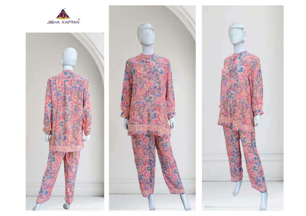 JISHA KAFTAN PRESENT SILK CO ORD SETS WHOLSALE GOLDEN FOIL PRINTED POLU SILK STYLIST CORD SET