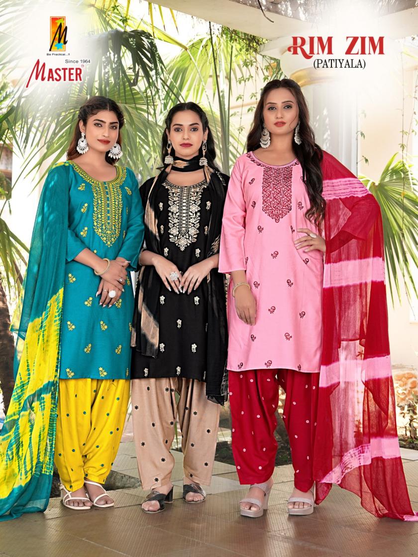 MASTER RIMZIM RAYON READYMADE STYLISH LOOK PATIYALA SUITS WHOLESALER