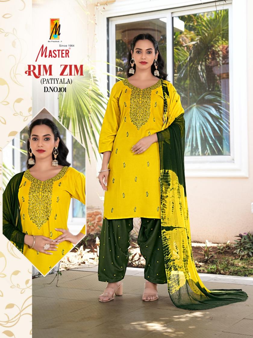 MASTER RIMZIM RAYON READYMADE STYLISH LOOK PATIYALA SUITS WHOLESALER