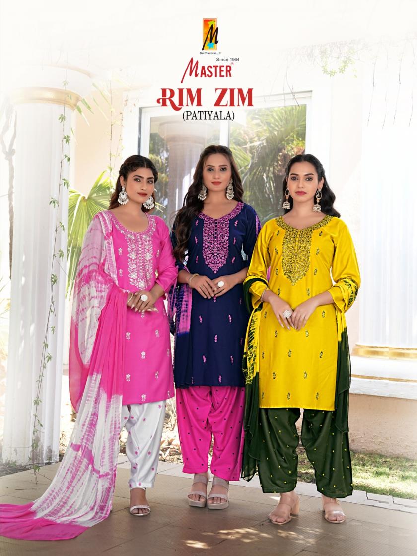 MASTER RIMZIM RAYON READYMADE STYLISH LOOK PATIYALA SUITS WHOLESALER