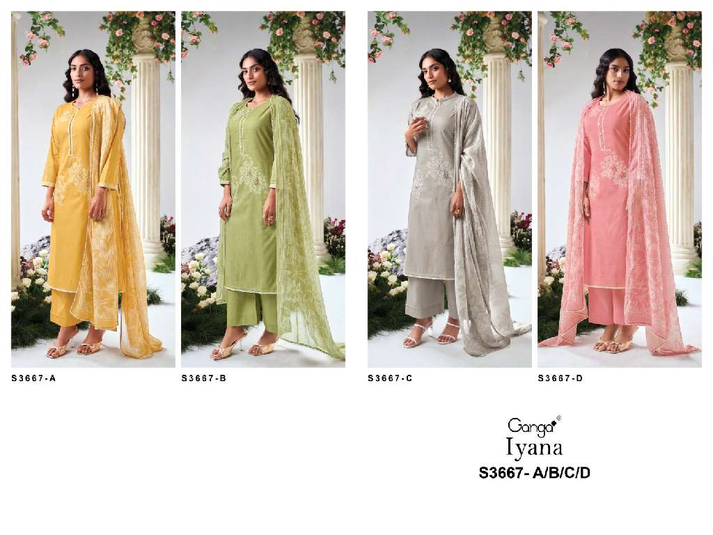 GANGA IYANA S3667 WHOLESALE PREMIUM COTTON LINEN PRINTED WITH HAND EMBROIDERY FASHIONABLE SUITS