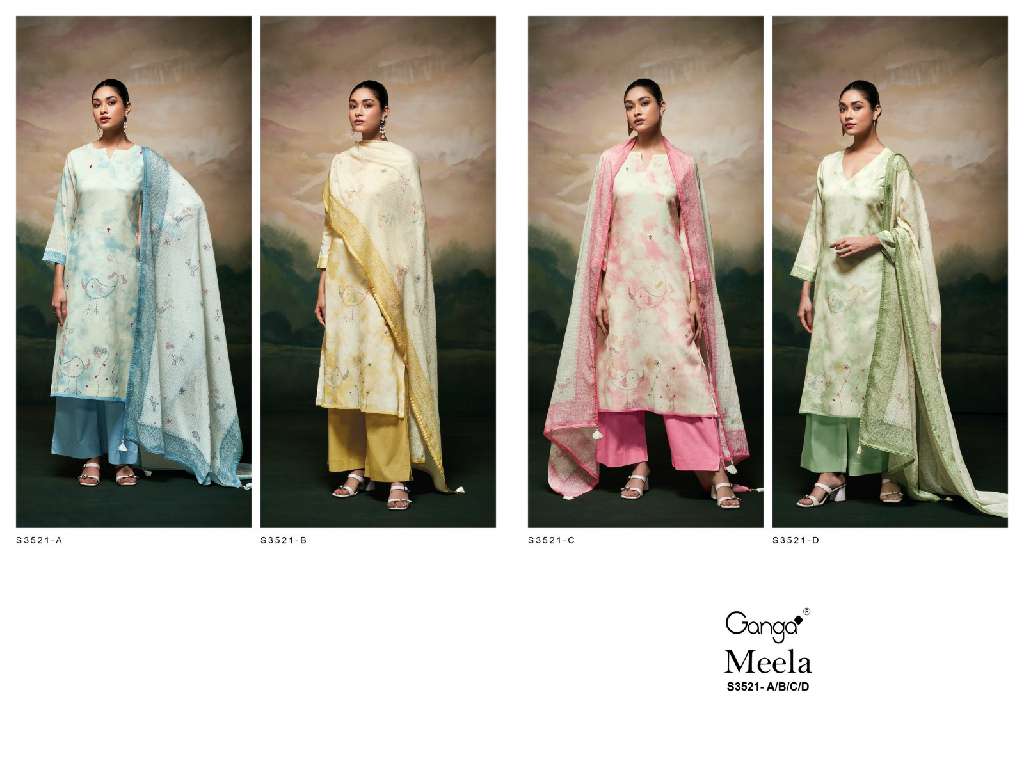 GANGA MEELA S3521 WHOLESALE PREMIUM PURE MAL PRINTED WITH HAND WORK FANCY TOP WITH PALAZZO AND DUPATTA