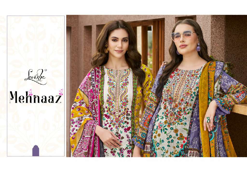 LEVISHA PRESENT MEHNAAZ WHOLESALE CEMRIC COTTON PAKISTANI PRINT WITH FANCY WORK UNSTITCHED TRENDY SALWAR SUITS