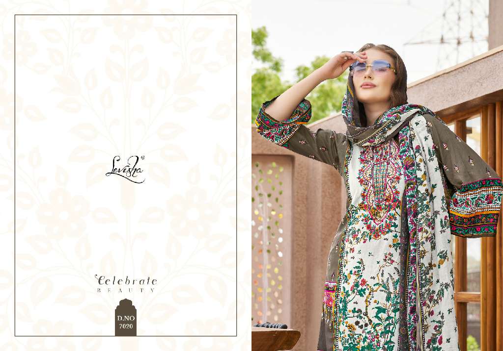 LEVISHA PRESENT MEHNAAZ WHOLESALE CEMRIC COTTON PAKISTANI PRINT WITH FANCY WORK UNSTITCHED TRENDY SALWAR SUITS